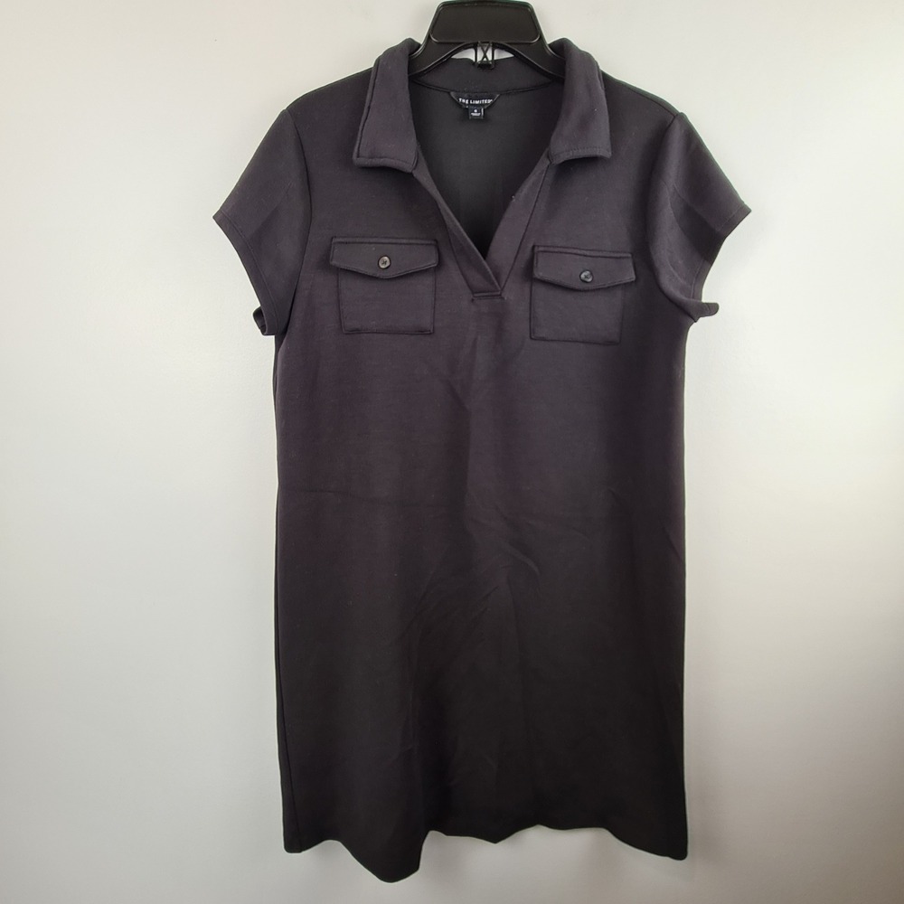 The Limited Womens Black V-Neck Collared Short Sleeve Pocket Shift‎ Dress Small